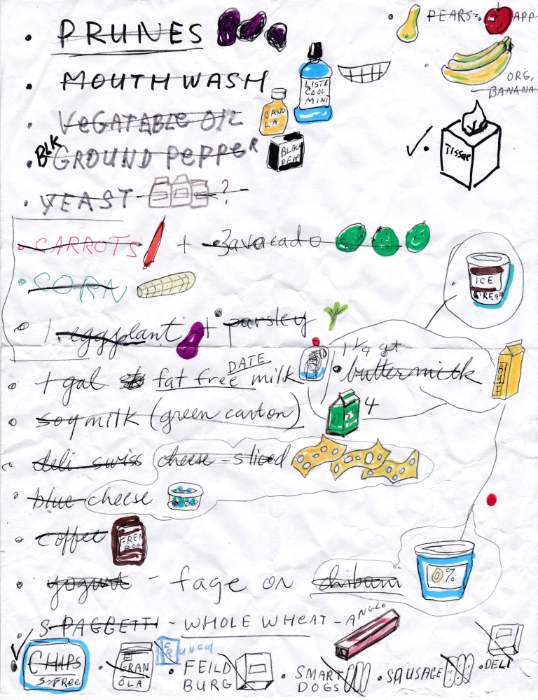 list with drawings of items